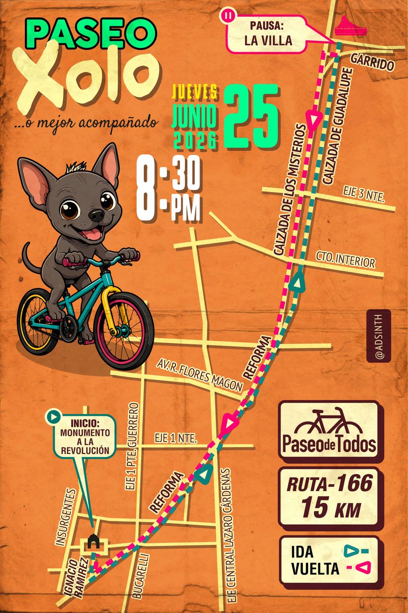 PaseodeTodos's tweet photo. Y tú vas al #PaseoXolo… o mejor acompañado?
Porque los mejores paseos siempre son mejor en manada.
Jueves 25 de junio de 2026
8:30 PM
Monumento a la Revolución, CDMX
Nos vemos el jueves ;)
#PaseoDeTodos #PaseoXolo #RodandoJuntos #MejorEnBici https://t.co/qSXR3Ii0Bq