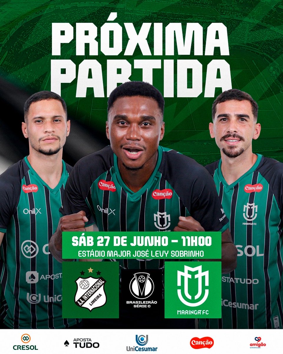 maringafc's tweet photo. Próximo desafio em SP! ✔️
No próximo sábado, dia 27, o Maringá vai até Limeira para enfrentar a Inter, às 11h, no Estádio Major José Levy Sobrinho, pela 12ª rodada do Brasileirão Série C!
Pra cima, Maringá! 🖤🤍💚
#maringafc #futebol #brasileirão #sériec #tricolor https://t.co/uadDJGFh4r