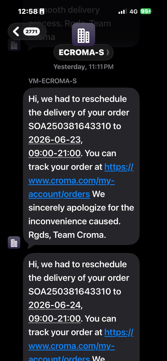 Saibal_Bh's tweet photo. .@CromaSupport I has booked my to and paid on 21/6 . I got a message on 23/6 that my shipment was out for delivery. At 11:11i got two back to back messages that moved the delivery to 23/6 and then to 24/6. What kind of pathetic service is this? https://t.co/tMRvSvdywe