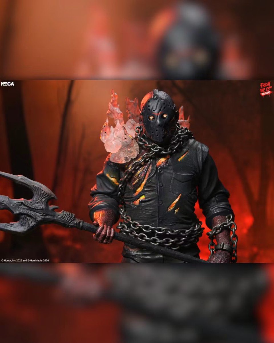 F13thFranchise's tweet photo. Full @NECA_TOYS Savini Jason figure reveal from @Friday13thGame 
➖ 
From the hit Friday the 13th: The Game comes a new look for Jason Voorhees, designed by the legendary Tom Savini himself! This version imagines the character as if he fought Lucifer, took his infernal Trident, and climbed out of Hell to haunt Camp Crystal Lake once more! Featuring fiery skin and a demonic look, this fully articulated 7-inch scale action figure features interchangeable heads, including one with light piping for a glowing effect in the eyes. It also includes interchangeable hands, Devil’s Pitchfork, mask, and smoke effect accessory. 
➖ 
Coming this summer!