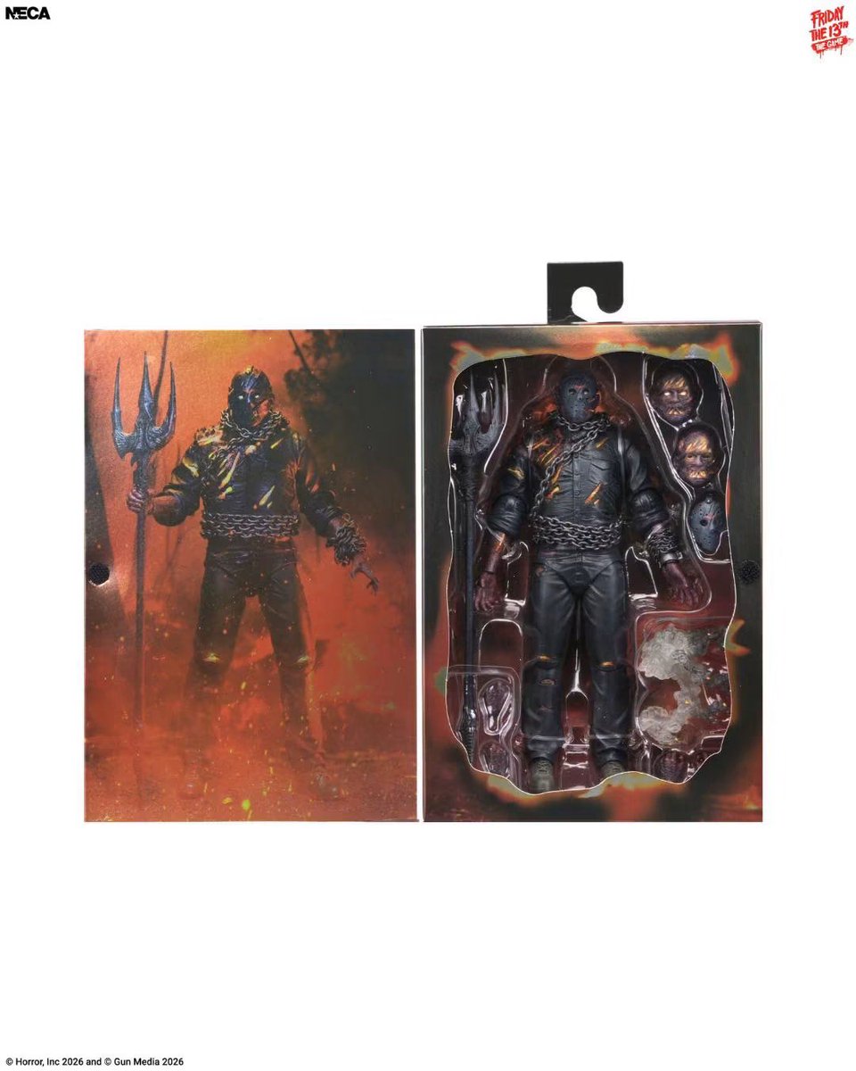 F13thFranchise's tweet photo. Full @NECA_TOYS Savini Jason figure reveal from @Friday13thGame 
➖ 
From the hit Friday the 13th: The Game comes a new look for Jason Voorhees, designed by the legendary Tom Savini himself! This version imagines the character as if he fought Lucifer, took his infernal Trident, and climbed out of Hell to haunt Camp Crystal Lake once more! Featuring fiery skin and a demonic look, this fully articulated 7-inch scale action figure features interchangeable heads, including one with light piping for a glowing effect in the eyes. It also includes interchangeable hands, Devil’s Pitchfork, mask, and smoke effect accessory. 
➖ 
Coming this summer!