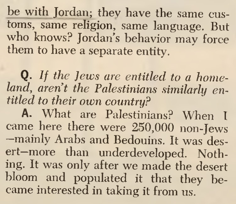humanprovince's tweet photo. Back in 1969, Israeli PM Eshkol did an interview w/ Newsweek. The position back then was no to Palestinians having rights and citizenship in Israel and no to them having a state of their own. Permanent oppression and/or expulsion, coupled with denialism, has always been the line: https://t.co/t6za7hxoMc