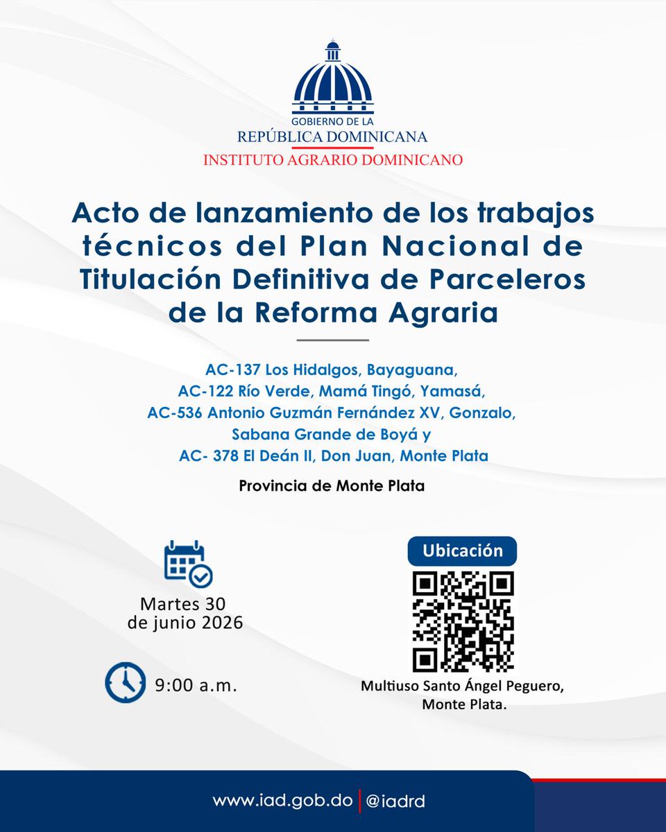 IADRD's tweet photo. 📜🌱 Monte Plata avanza hacia la seguridad jurídica. Este 30 de junio iniciamos los trabajos técnicos del Plan Nacional de Titulación Definitiva de Parceleros de la Reforma Agraria. 🇩🇴 #IADRD #PlanNacionalDeTitulación https://t.co/gFTSMoYIZM