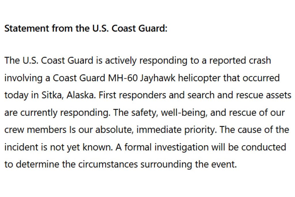 OC_Scanner's tweet photo. BREAKING ๐จ๐จ
#Sitka / #Alaska
A Sitka based USCG Helicopter has crashed off the coast of Alaska a short time ago. US Coast Guard resources are responding for search and rescue efforts. No further information is available at this time. https://t.co/oU32Bfsvjb