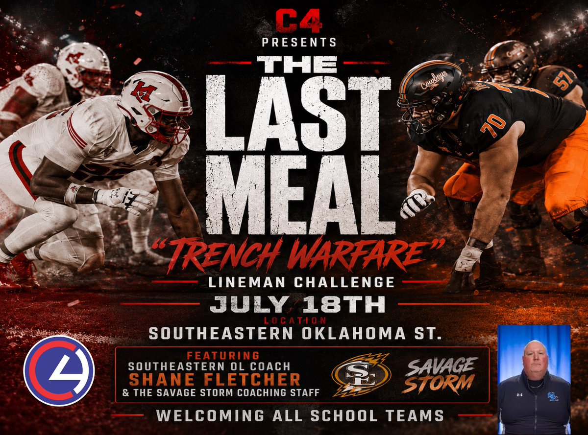 seancooper_C4's tweet photo. 🍽️🏈 We are less than One Month our from our “Trench Games” LINEMAN Challenge.
@C4SportOklahoma 

This is Open to ALL School Teams July 18th 

Get One LAST Team & CAMARADERIE building event in with the most important Groups in Football The TRENCHES.

Event will Feature Long Time Texas HS Football Coach & Now SE Offensive Line Coach & Run Game Coordinator @CoachFletchSE 

Register or Reach out for More info ℹ️ at Info@c4commit.com. 

#4TheArea
#RecruitTEXOMA