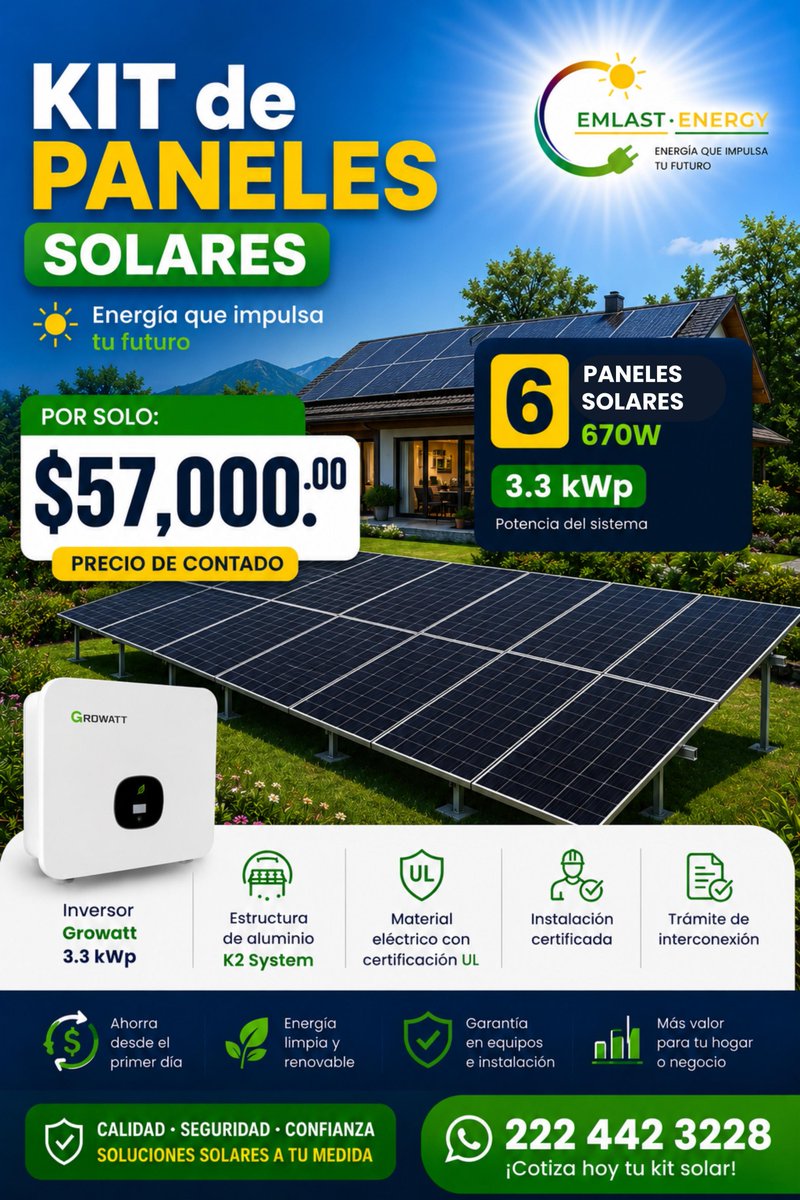 EmlastEnergy's tweet photo. 👷🏻☀️ ¡Transforma el sol en ahorro para tu hogar o negocio!
#PanelesSolares #EnergíaSolar #ReciboDeLuz #AhorroDeLuz #SistemaSolar #EmlastEnergy #ahorro #comerciolocal #industria #empresas #residencial #tlaxcala #veracruz #morelos #puebla #queretaro #guanajuato #Jalisco #mexico https://t.co/8LMlr3T0aD