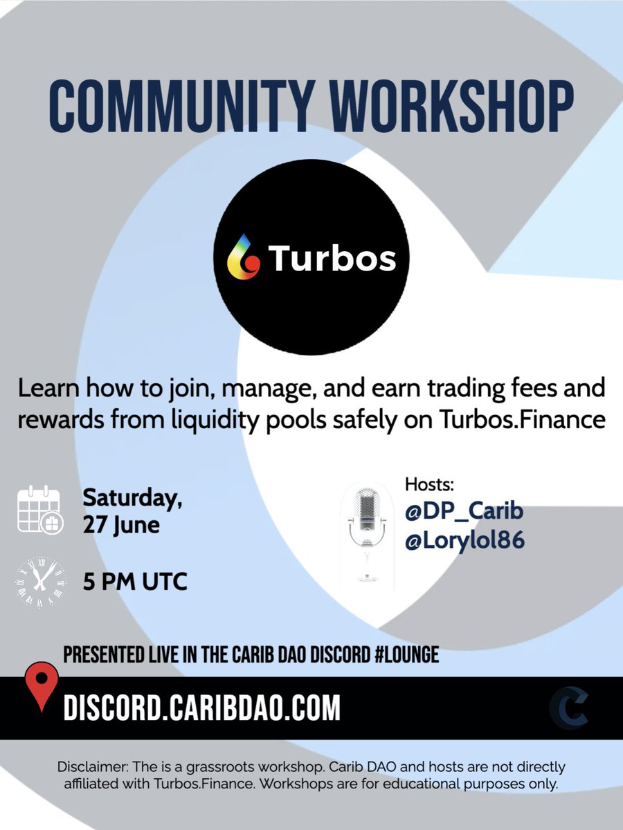 CaribDAO's tweet photo. 🎗 Community Workshop: Liquidity Pools on Turbos

Learn how to join, manage, and earn from liquidity pool positions on @SuiNetwork using @Turbos_finance

+ 🎁 $50 in NFT and LP Giveaway

Saturday at 1 PM ET (5 PM UTC)

Hosts: @dp_carib @Lorylol86

RSVP ➡️ https://t.co/htik8nMzCH https://t.co/nT8shVnzKb