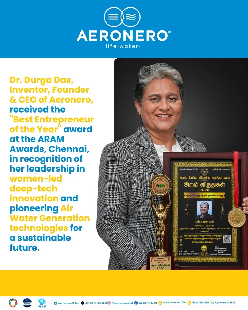 aeroneroglobal's tweet photo. #BestEntrepreneurOfTheYear #ARAMAwards
Dr. Durga Das @durgaaeronero, Inventor, Founder & CEO of Aeronero, is proud to receive the "Best Entrepreneur of the Year" award at the ARAM Awards held in Chennai.

This recognition reflects Aeronero's commitment to advancing sustainability through women-led deep-tech innovation in #AirWaterGeneration technologies and creating impactful solutions for global water challenges.

We extend our sincere gratitude to the ARAM Awards for this honor and to our partners, supporters, and well-wishers who continue to be part of this journey toward a more sustainable and water-secure future.

@ravikarkara @rickykej @khushsundar @SDG2030 @thegawgi @aguribfakim @ErikSolheim @marisagerards @ruchirakamboj @NorwayAmbIndia @Lindy_Cameron @reenat_sandhu @pooja_kapur @deepagopalan @DrTamilisai4BJP @rashtrapatibhvn @Kanimozhi_tvk @VanathiBJP @VijayadharaniM @supriyasahuias @nsitharaman @GulPanag @ShwetaRKohli  @ranjan_apoorva @VaniKola @drriteshmalik @NandanNilekani @sbikh @kunalb11