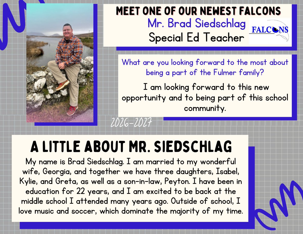 FulmerFalcons's tweet photo. Help us welcome another new member of our Fulmer Falcon Family, Mr. Siedschlag! We are excited to have him join our team as our new Special Education teacher. We can’t wait to see the care, support, and positive impact he will bring to our students and school community. Welcome! https://t.co/FwncgRA5aR