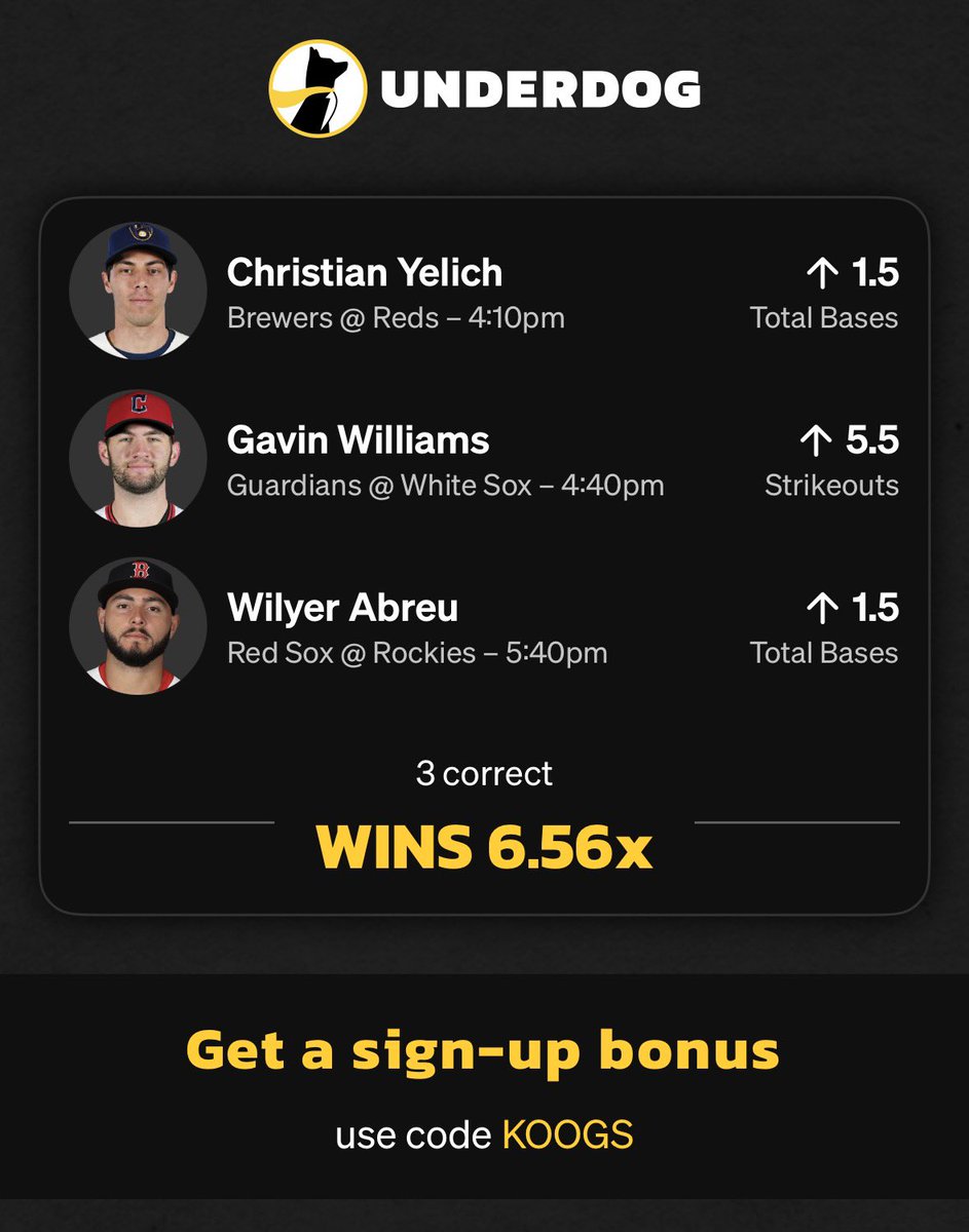Koogs46's tweet photo. Monday Underdog entry! Trying out some total bases today. 

So many promos on Underdog right now with the World Cup going on, including the $25m giveaway if USA wins. 

Sign up with code KOOGS! Play responsibly🤝 https://t.co/7Z7Z6ERkLw