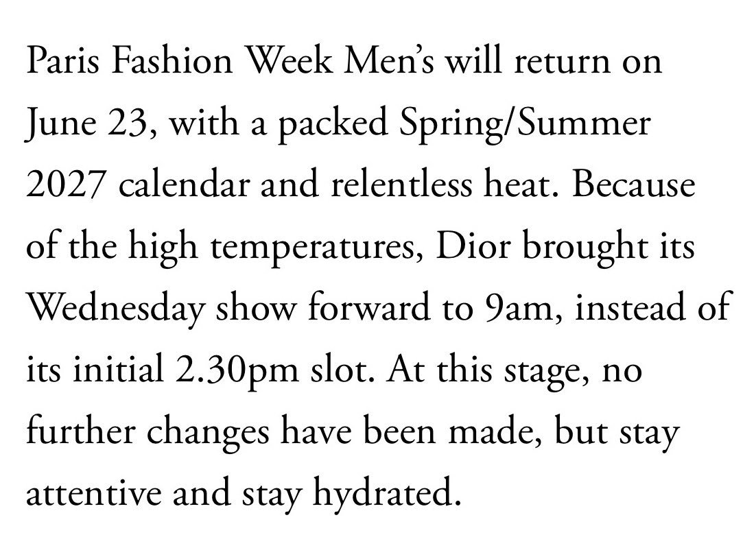 jmpopbase's tweet photo. Due to extreme heat, Dior has moved the show's start time from 2: 30 PM to 9: 00 AM local time https://t.co/aZPImLxEta