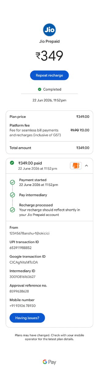 abhisinghcrazy's tweet photo. @GooglePayIndia wrong recharge please reversal my amount https://t.co/DoyV6ySIHy
