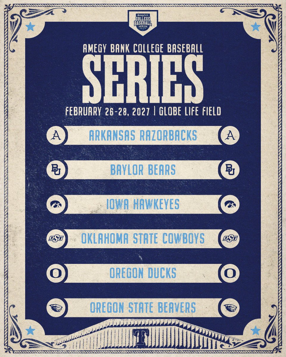 CBS_Arlington's tweet photo. NEW CHAPTER IN THE LONE STAR STATE🤠

The Amegy Bank College Baseball Series is returning to Globe Life Field in 2027 with a brand-new lineup of college baseball powerhouses. We're excited to host these programs for Weekend 2!

For ticket presales and special offers⬇️
🔗: https://t.co/LdBRh0fDRx