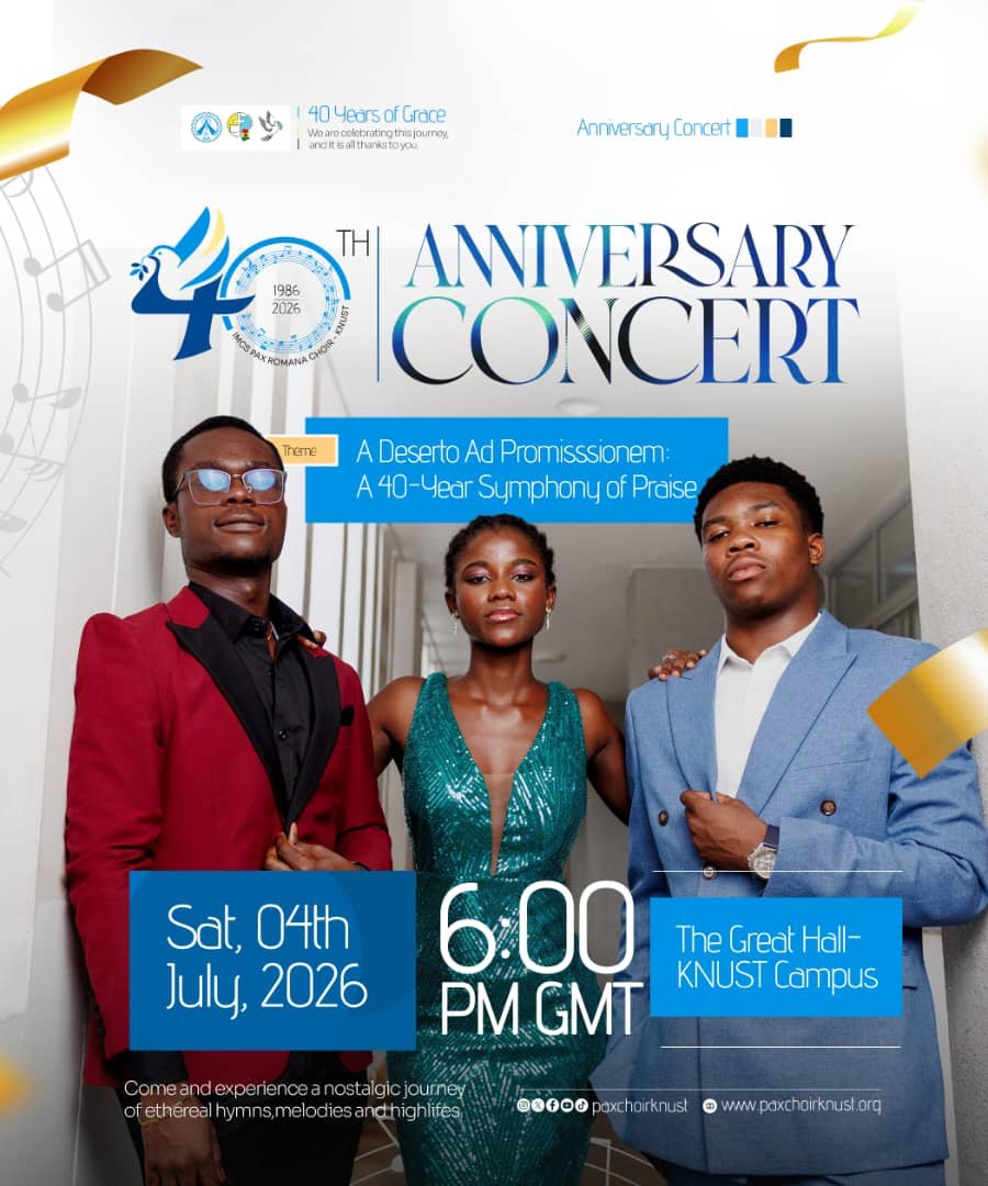 PaxChoirKNUST1's tweet photo. IMCS PAX ROMANA CHOIR, KNUST LOCAL 🕊️❤️💫
The IMCS Pax Romana Choir, KNUST Local presents its highly anticipated Anniversary Concert:
"A Deserto Ad Promisssionem; A 40-Year Symphony of Praise"
For more details, visit https://t.co/yPi9uw1dUk
#Cantate@40🥳
#40YearsOfGrace🔥 https://t.co/cr1TV01CzP
