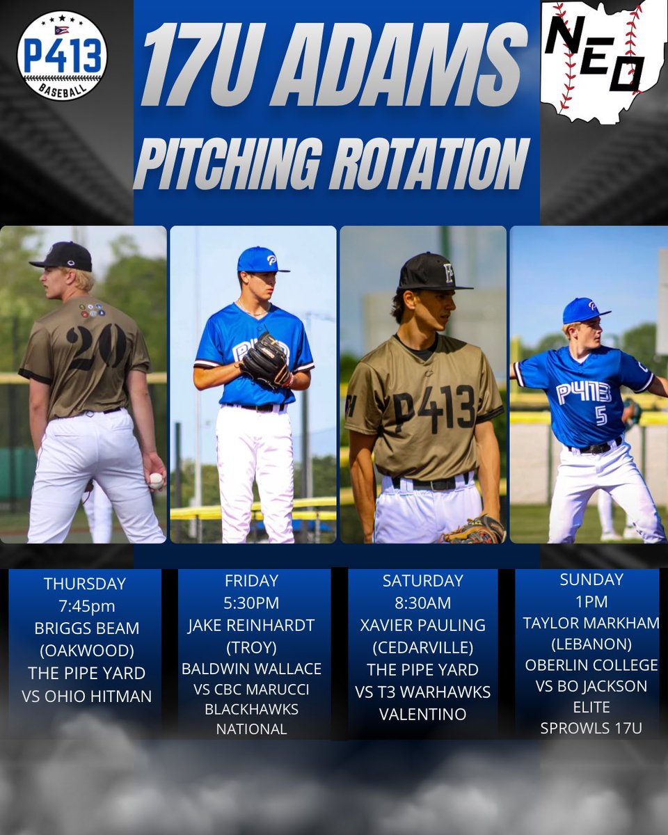 P413OHBaseball's tweet photo. Rotations for @neoselectinvite this weekend! https://t.co/w43pqStG6h