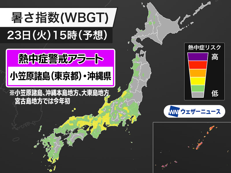wni_jp's tweet photo. 【熱中症警戒アラート】
熱中症警戒アラートが小笠原諸島(東京都)と沖縄県全域に発表されました。
東京都(小笠原諸島)、沖縄本島地方、大東島地方、宮古島地方では今年初めての発表です。
こまめな水分補給などで積極的に熱中症予防を行ってください。
https://t.co/vqzqFFAS5X https://t.co/SOBOyHR3ah