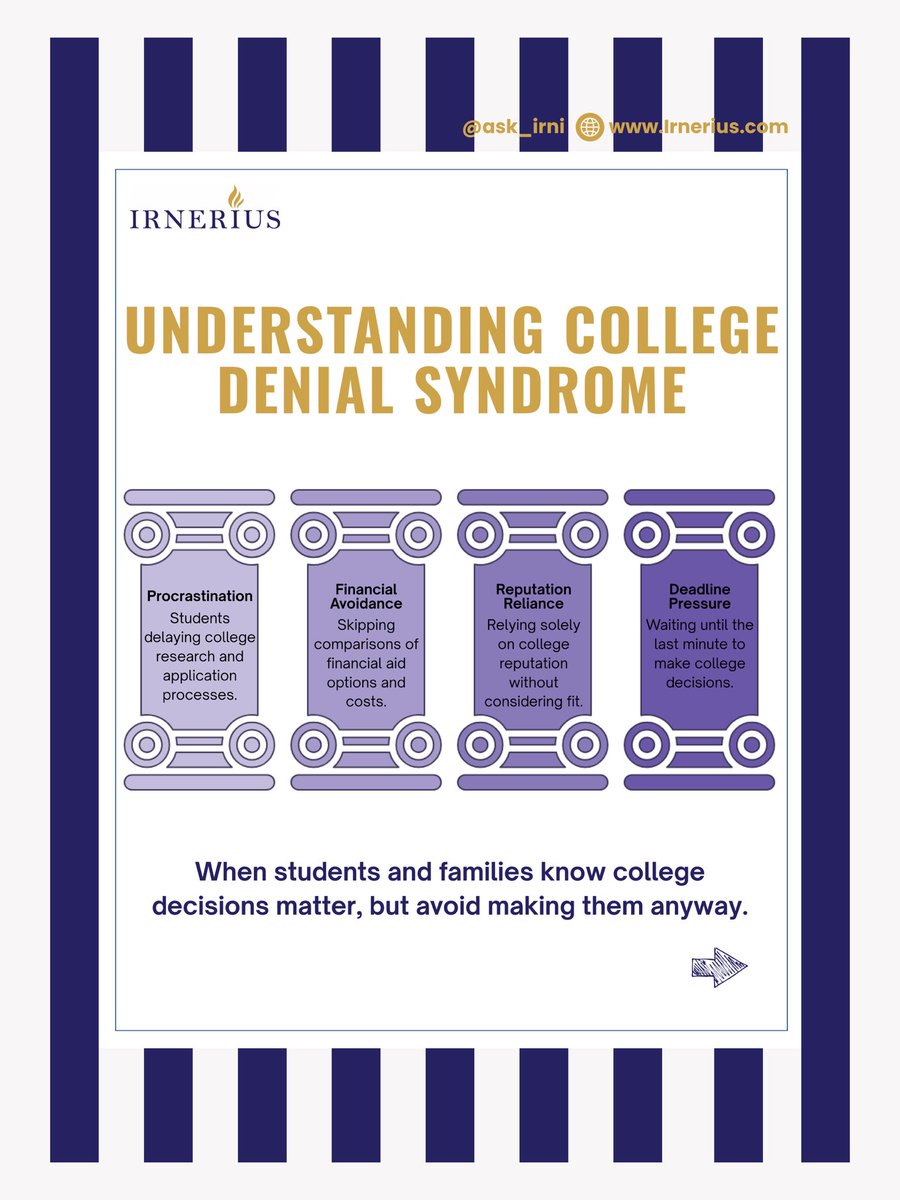 AskIRNI's tweet photo. College Denial Syndrome is real. ⬇️

Putting off college decisions can lead to higher costs, missed opportunities, and unnecessary stress. 

Swipe to learn the warning signs and how making informed decisions early can set students up for success.

Choose the right college for you this summer with Irneirus. 

Get 10 days for free at https://t.co/8xI11FEDsm

#CollegePlanning #HigherEducation #StudentSuccess #CollegeAdmissions #FinancialAid #EducationMatters #teoden Irnerius