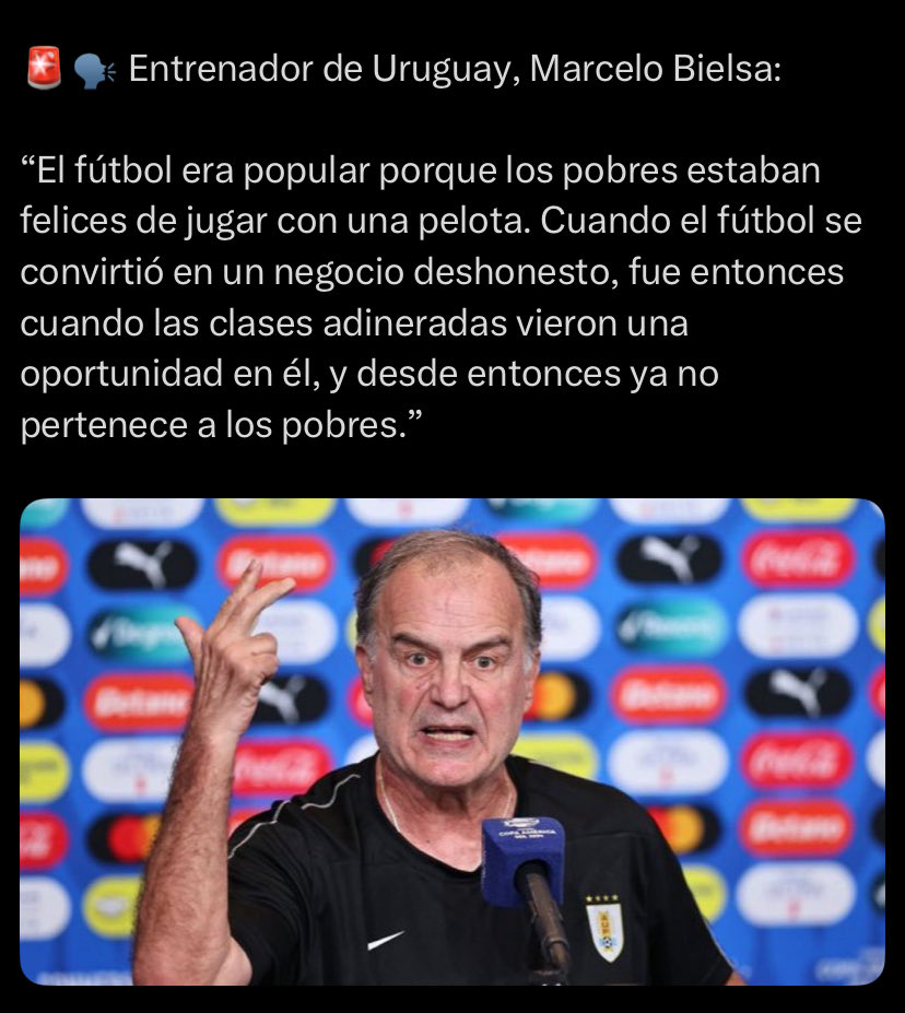 LicandroOscar's tweet photo. El prototipo del izquierdista posmoderno: pregona el anticapitalismo en sus discursos, pero ama el dinero y cuando puede se hace millonario. Tiene razón Bielsa: el fútbol ya no pertenece a los pobres sino a quienes, como el, se hicieron ricos con este deporte. Cínico!! https://t.co/9z9swicDBA