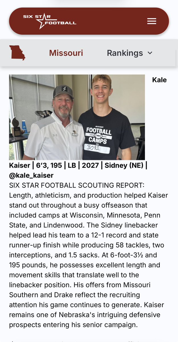 kale_kaiser's tweet photo. Thank you for the coverage @sixstarfootball !  Cant wait for the season to get started https://t.co/1V6YJV24Or