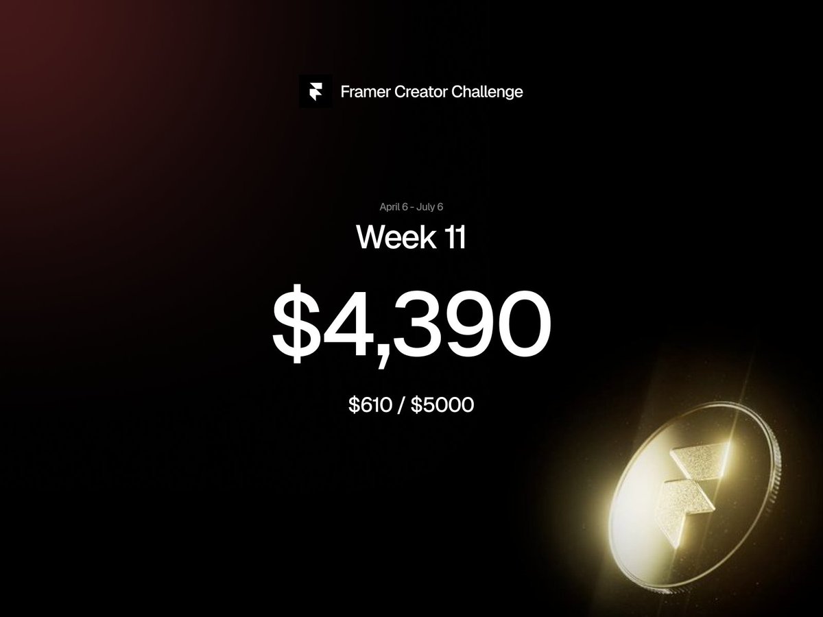 thegeneralyst's tweet photo. Week 11 of #FramerChallenge.    
Framer Commission: $60   
Template Sales: $0       
Plugin Sale: $0       
Clients: $0  
Goal: $5,000     
So Far: $610. https://t.co/MmQHUQ7dGf