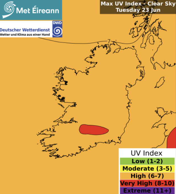 MetEireann's tweet photo. The UV forecast for tomorrow, 23rd of June: 

➡️⚠️High to very high under clear skies.☀️
➡️Moderate to high under cloudy skies.☁️

Ensure to be #SunSmart by protecting your skin and eyes from the sun.🕶️🧴

Learn more at: 
https://t.co/M0TM7hKHLp https://t.co/xmcezMamAJ