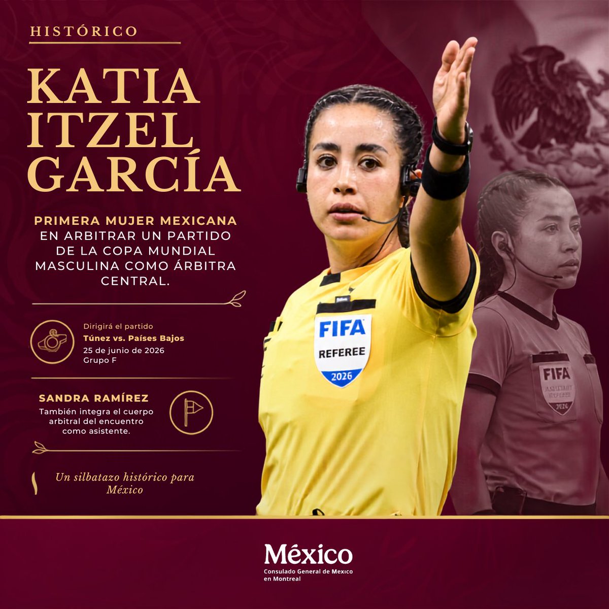 consulmexmtl's tweet photo. #EsTiempoDeMujeres | 🇲🇽⚽ Katia Itzel García hará historia al convertirse en la primera mujer mexicana en arbitrar un partido de la Copa Mundial masculina como árbitra central.

En el encuentro Túnez 🇹🇳 vs. 🇳🇱 Países Bajos también participará Sandra Ramírez como asistente 👏🇲🇽 https://t.co/LQV8klu2Ik