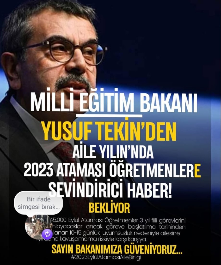 hasanayd3342's tweet photo. Eylül 2023 atamalı öğretmenler olarak eş durumu tayin kılavuzuna dahil edilmedik. Aile birliğimizin sağlanabilmesi adına artık kesin bir çözüm ve resmi açıklama istiyoruz. @Yusuf__Tekin @cftcblnt @_aliyalcin_ #YusufTekin2023eAileBirliği https://t.co/MDoDSEimjY
