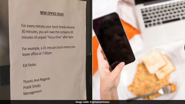 ndtv's tweet photo. Viral Workplace Rule Claims 1 Extra Minute At Lunch Means 1 Hour Unpaid Work, Sparks Debate https://t.co/aIik8jTTHD https://t.co/TghV64Jrt6