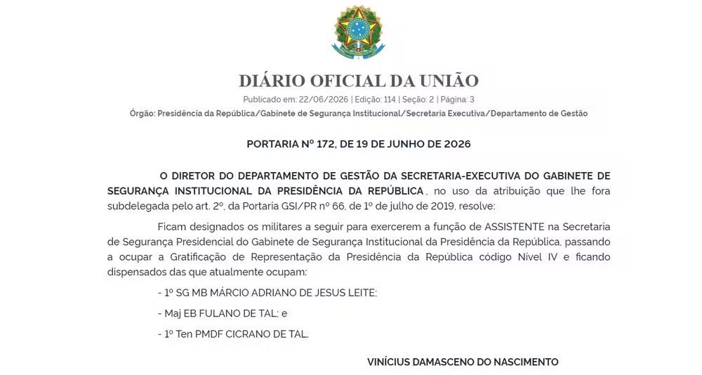 JeffreyChiquini's tweet photo. Podemos rir disso?

Portaria de órgão do GSI designa major 'Fulano de Tal' e tenente 'Cicrano de Tal' como assistentes na Segurança Presidencial https://t.co/KSjll68QIV