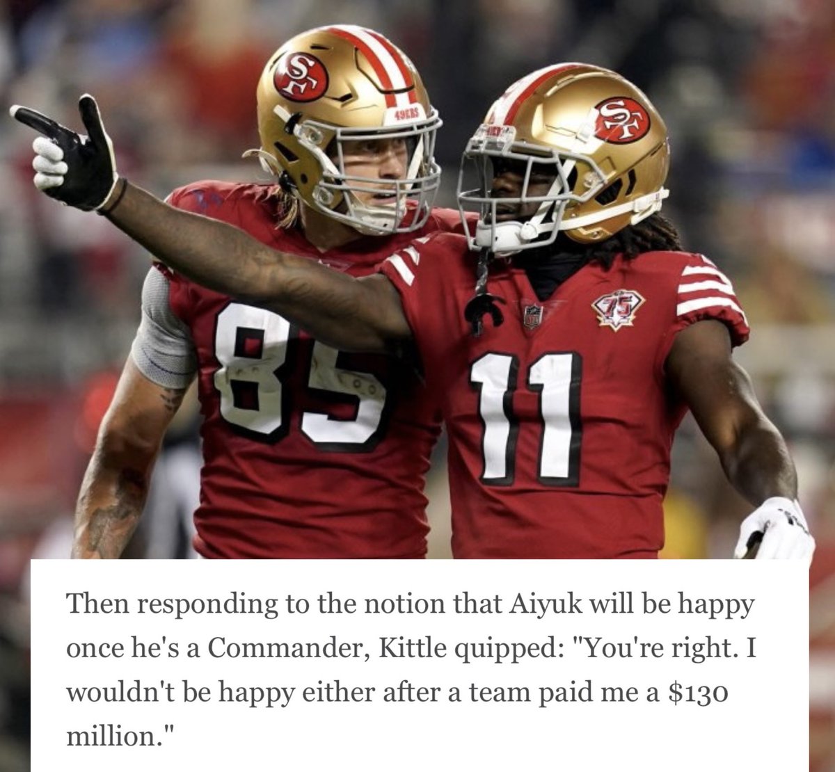 Coach_Yac's tweet photo. It’s obvious that George Kittle is tired of Brandon Aiyuk’s shit 💀 https://t.co/li56DW1haA