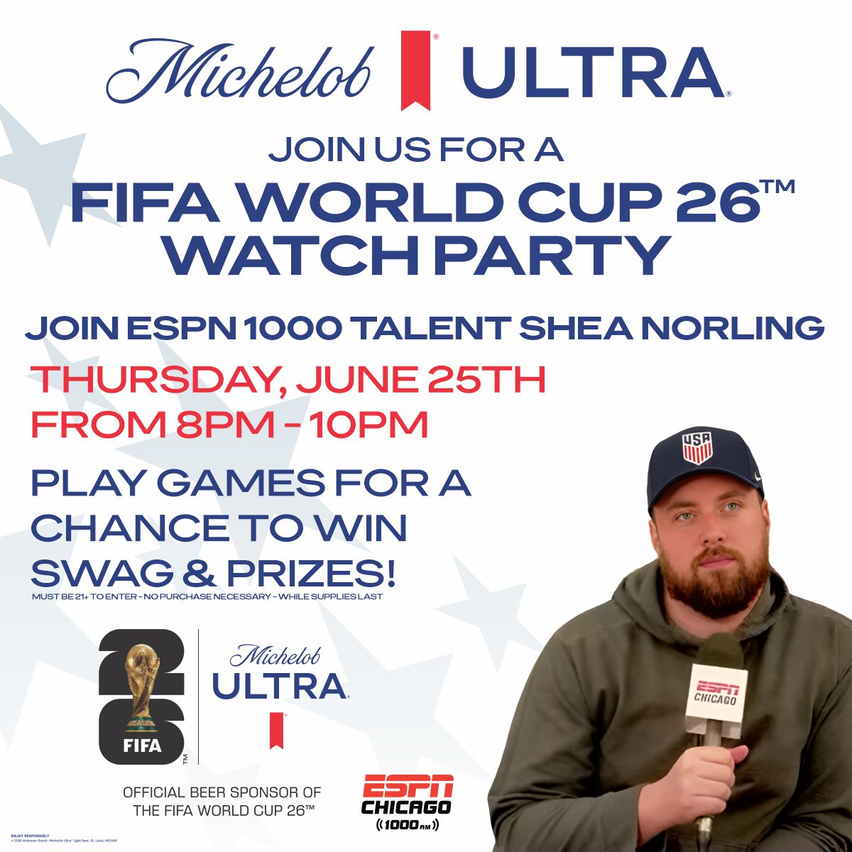 ESPN1000's tweet photo. Join us this Thursday at Pressbox
 47 W Polk St, Chicago IL! Meet Shea Norling and watch the World Cup with us! Presented by @MichelobULTRA https://t.co/HbIH0FO8Ns