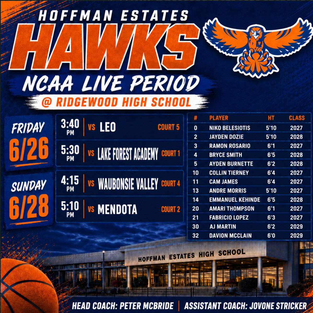 HEHSbball's tweet photo. 🚨Hoffman Estates Live Period Schedule
📍Ridgewood High School

College coaches, our schedule was changed &amp; finalized as of Monday 6/21. This is our final schedule &amp; roster.

Multiple college prospects‼️

@ILHoopProspects @ILLHoopsScoops @BigTimRevue @PrepHoopsIL @Sports4Illinois https://t.co/Ar1UGv2cuR