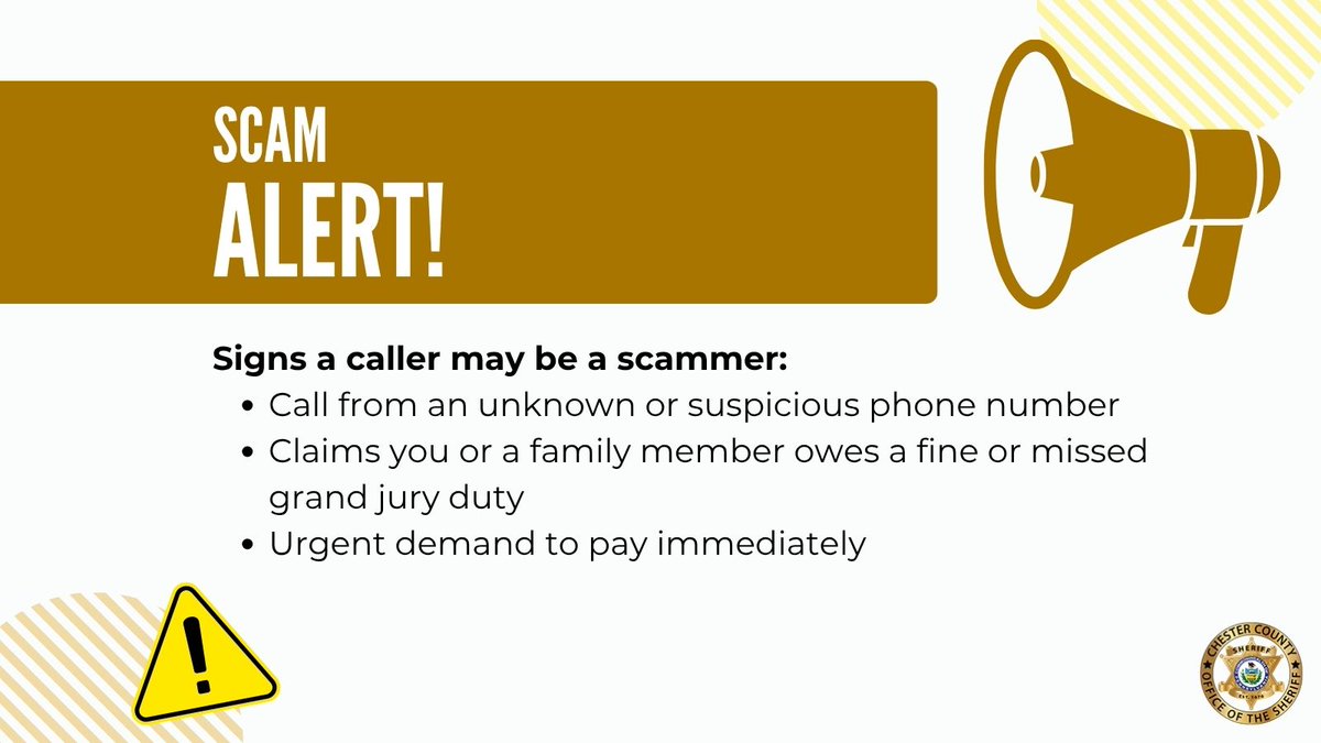 CCSOPA's tweet photo. We’re aware of scammers impersonating Chester County Sheriff’s Office deputies and demanding payment. The Chester County Sheriff’s Office will NEVER call to demand payment or threaten arrest over the phone. 

Stay alert and always verify before you act. https://t.co/YPhKP6g21W