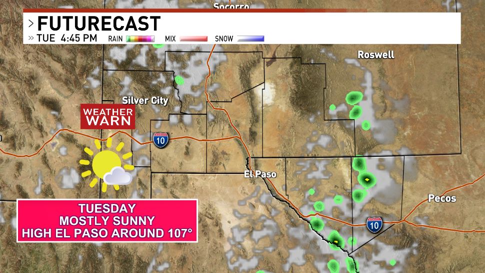 CBS4WarnWeather's tweet photo. ⚠️Weather Warn Through Friday- Heat
⚠️Heat Advisory El Paso - Through 9 PM Wednesday

Your Tuesday will be mostly sunny. We will see a high El Paso around 107°. Southwest wind 5 to 10 mph

Track our weather: https://t.co/RPkVbF6UuT https://t.co/7UkDXxpn1R