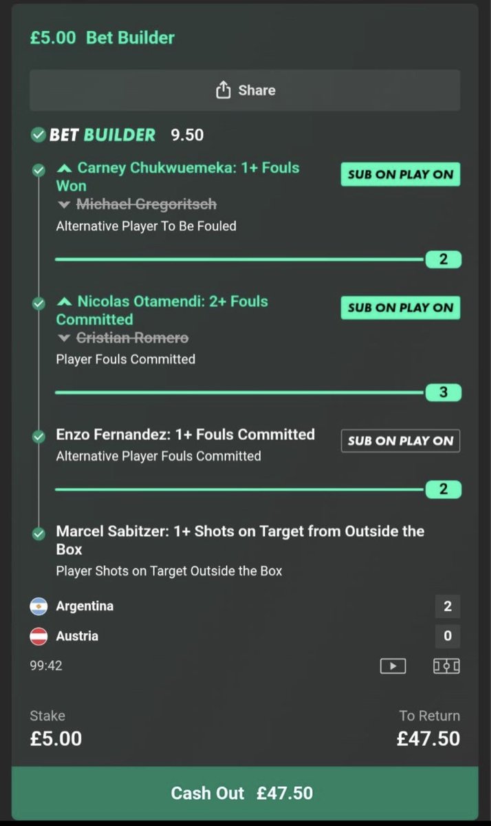 Waackoo's tweet photo. Despite being robbed of the single, double &amp; treble…

We did win these 🤩

Paredes in play 0.25U @ 17.0 🟨✅

Builder 0.75U @ 6.0
Builder 0.25U @ 9.50 

Link in bio to get involved folks 🫡 https://t.co/WuT4J4FqX3