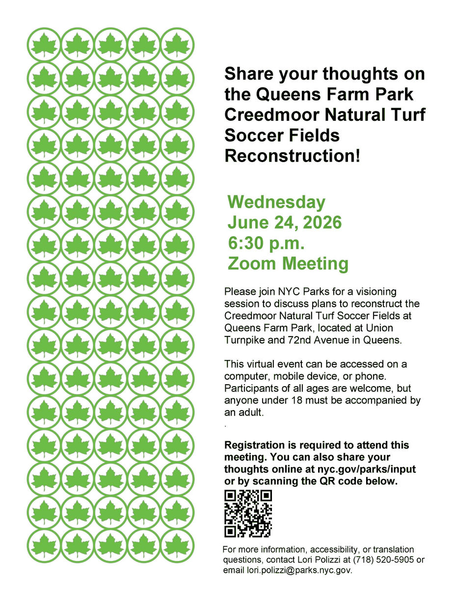CMLindaLee's tweet photo. This week, @NYCParks is hosting a virtual visioning session to discuss plans to reconstruct the Creedmoor Natural Turf Soccer Fields at Queens Farm Park. Registration is required. See the flyer for additional details, and follow the link here to sign up. https://t.co/kfuEwUdoRz https://t.co/oJQmDACYqx