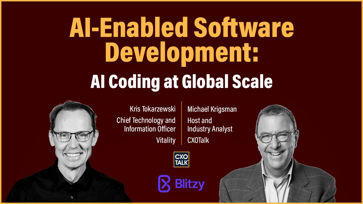 cxotalk's tweet photo. “…as we optimize the process, we are measuring the velocity, the efficiency, + effectiveness of the whole process.”
-- @Kris_Tok, Global CITO, @Vitality_UK
https://t.co/umWTCN5xNG
#CXOTalk #Bitzy
#CIO #CTO #AI #AgenticAI #SoftwareDevelopment #SLDC #SoftwareDevelopmentLifecycle https://t.co/z3leFeGkd5