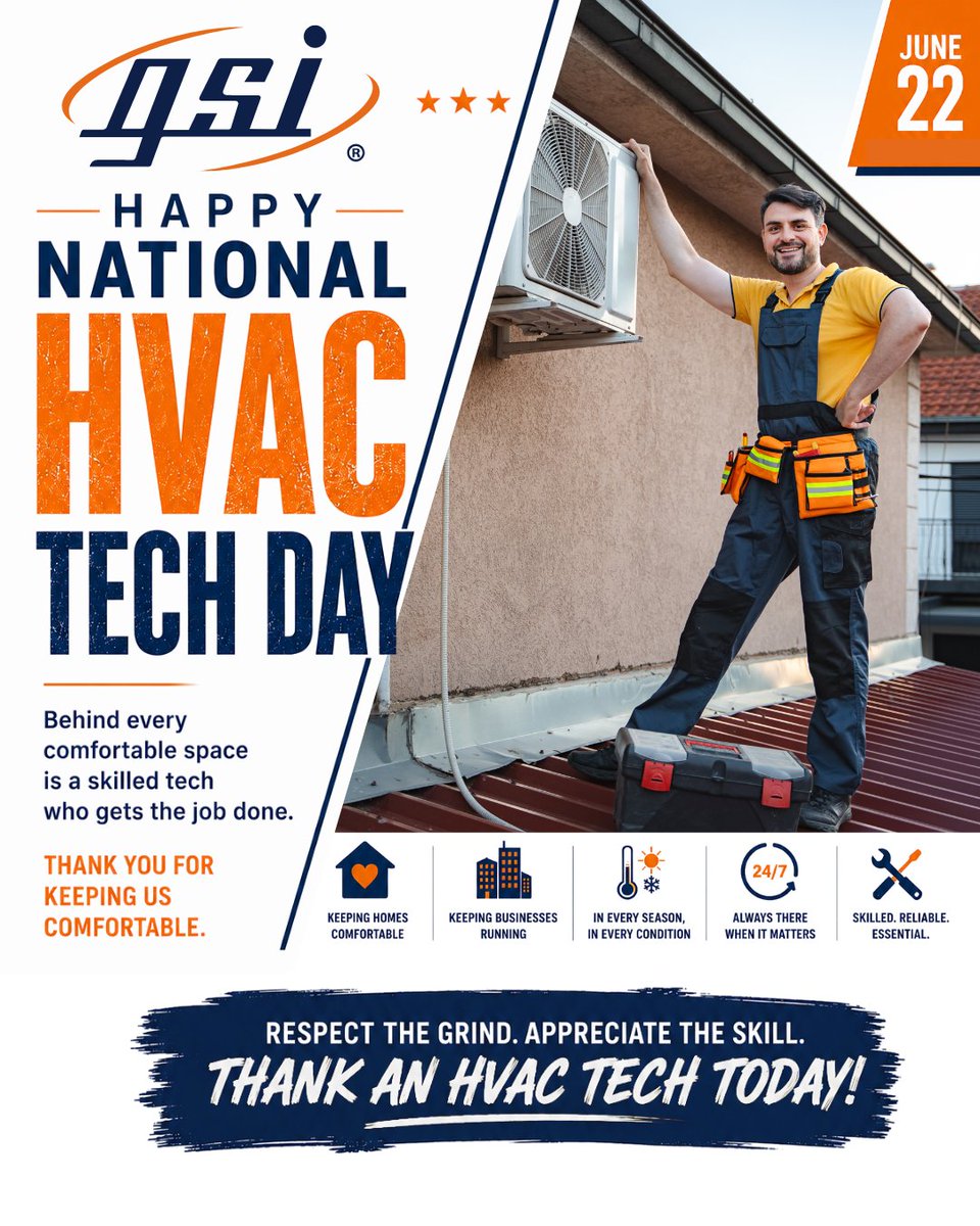 GoldstoneHVACR's tweet photo. Today, we take a moment to recognize and celebrate the hard work, dedication, and expertise of the techs who keep our industry moving every day.  Happy National HVAC Tech Day — and thank you for everything you do.  #HVAC #HVACR #HVACTechDay #SkilledTrades #GSI https://t.co/Qzds7whyan
