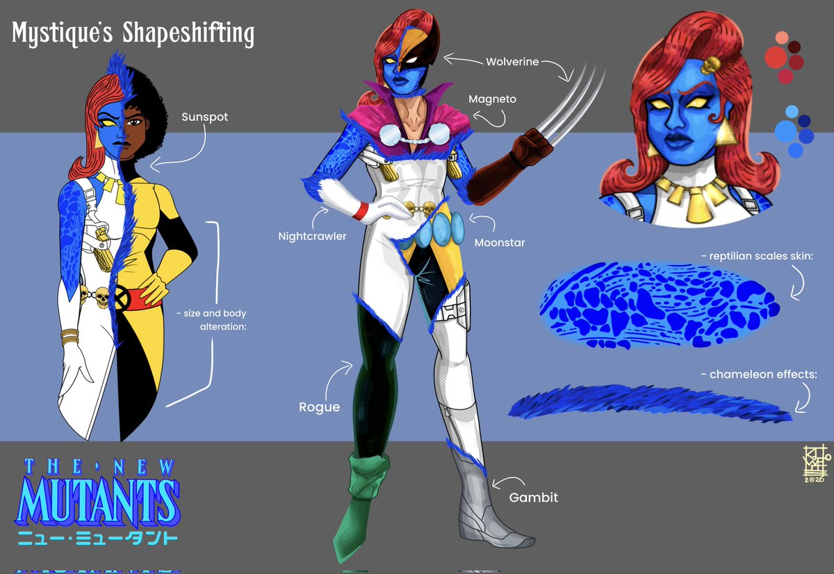 RLWhitesArt's tweet photo. For this #RedesigningXMen round, my reimagining of Mystique for “The New Mutants” animated series will aim for a thrilling 60s spy aesthetic, inspired by the James Bond films and artist @isaiahbeenlost 🤍💙💀🔫
#Mystique #XMen #NewMutants #AdultAnimation #IndieAnimation https://t.co/cvFTzw8BHm