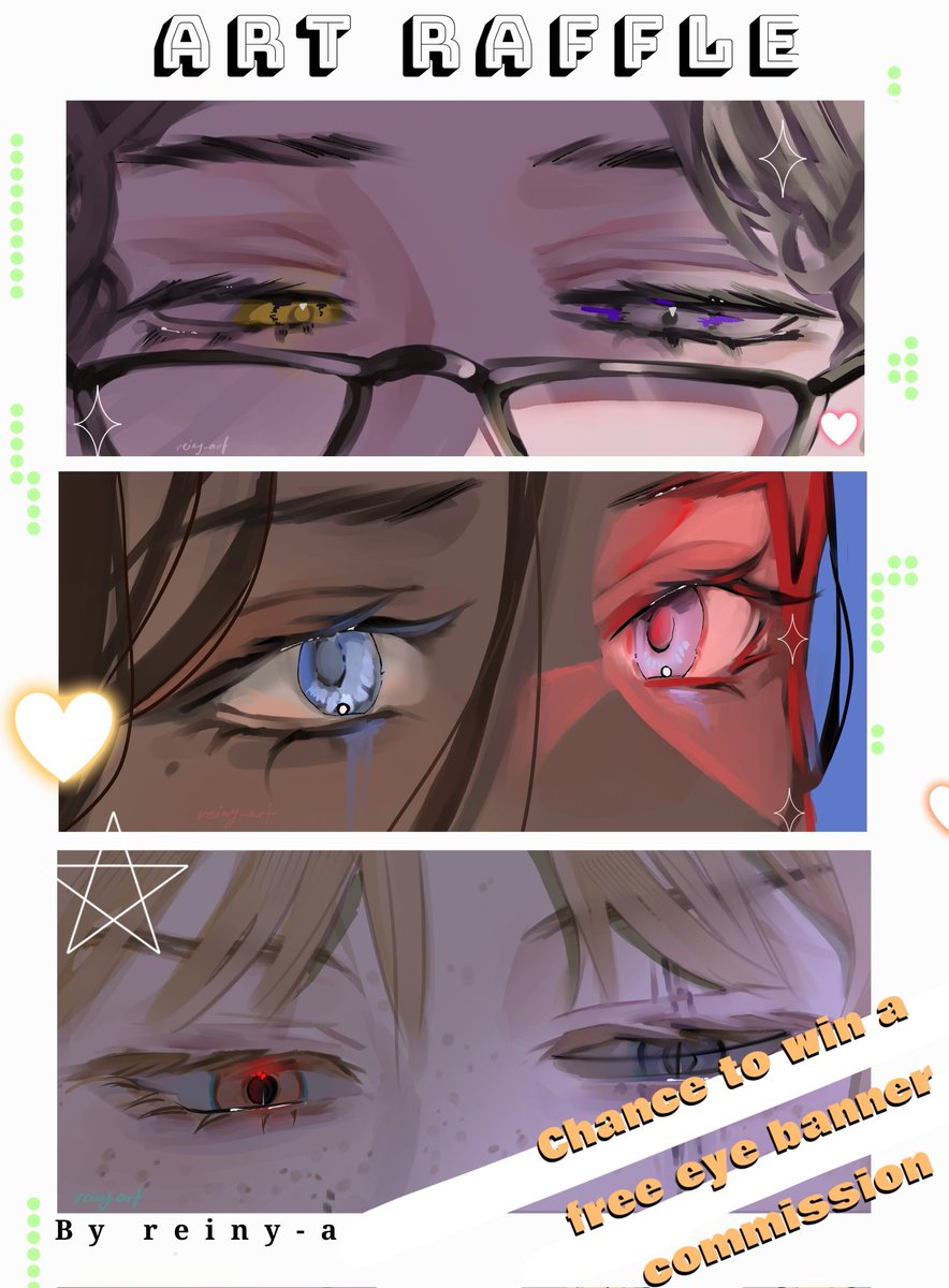 reiny_art's tweet photo. Doing my first 【ART RAFFLE/ GIVEAWAY】 🪄
Since I added a new eye banner comm service on vgen 
🎁 Prize:
THREE winners will get a free eye banner commission!
How to join:
✧ Follow me
✧ Like &amp; RP
✧ Reply with your OC / VTuber

Ends： July 7
#artraffle #artgiveaway #vgen https://t.co/uSB6p73rLZ