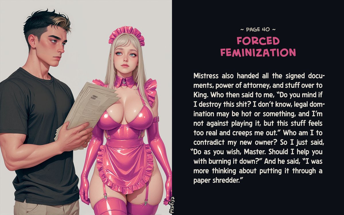 Marfisa18's tweet photo. “Forced Feminization Part 39-41 of 43”

#bigboobs #bigbreasts #caption #chastity #chastitycage #latex #latexmaid #maid #cuckold #cuckolding #femdom #dominantwoman #mistress #slavegirl #sexslave #dickgirl #feminization #forcedfeminization #feminizationcaption #forcedfem https://t.co/LdxM0ORI1n