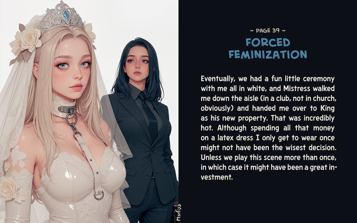 Marfisa18's tweet photo. “Forced Feminization Part 39-41 of 43”

#bigboobs #bigbreasts #caption #chastity #chastitycage #latex #latexmaid #maid #cuckold #cuckolding #femdom #dominantwoman #mistress #slavegirl #sexslave #dickgirl #feminization #forcedfeminization #feminizationcaption #forcedfem https://t.co/LdxM0ORI1n