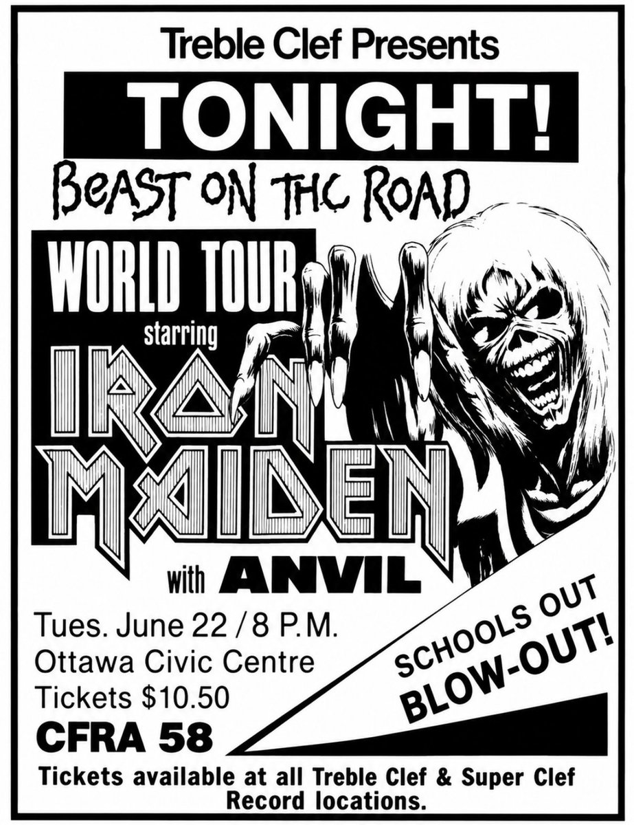 MonstersOfRock's tweet photo. On this day in 1982, Iron Maiden’s legendary “Beast on the Road” World Tour thundered into Ottawa, Ontario, bringing the New Wave of British Heavy Metal to the Ottawa Civic Centre. 🔥 https://t.co/xzR5vByeIv