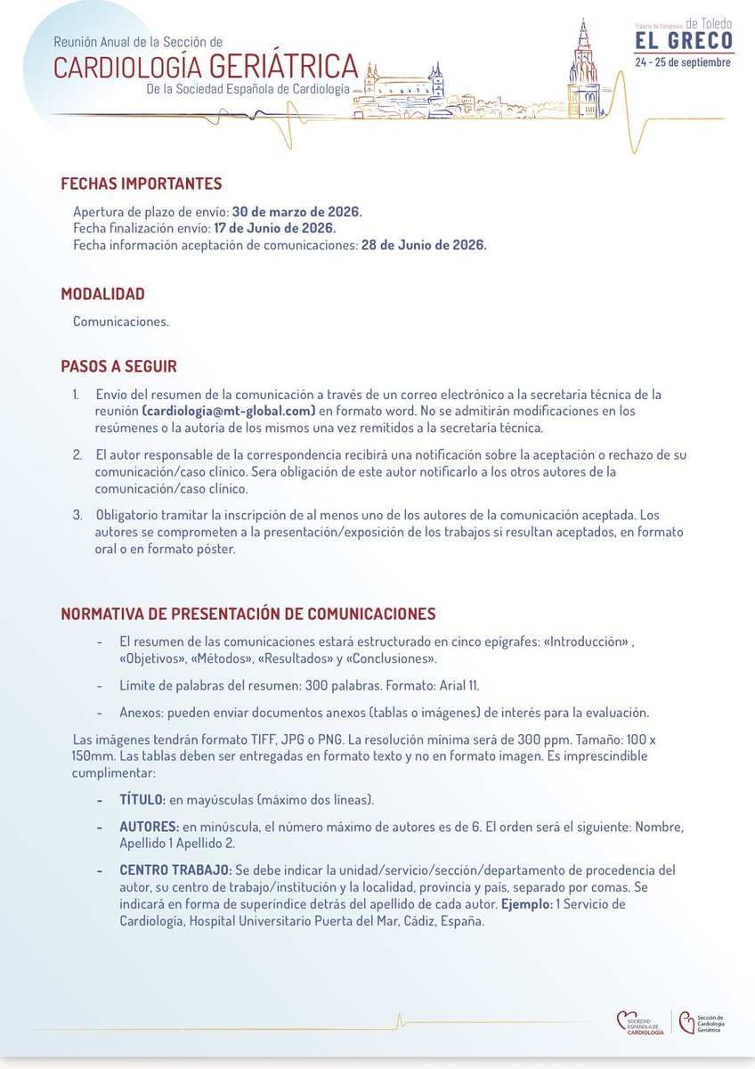 SECgeriatrica's tweet photo. 🚨Ampliamos el plazo de envío de comunicaciones para la reunión de cardiogeriatria en Toledo😃

🗓️Nuevo deadline: 1 de julio

Las comunicaciones aceptadas serán publicadas en #RECCardioClinics

Aún tienes tiempo para participar!!! https://t.co/eLDyeTF9Rr