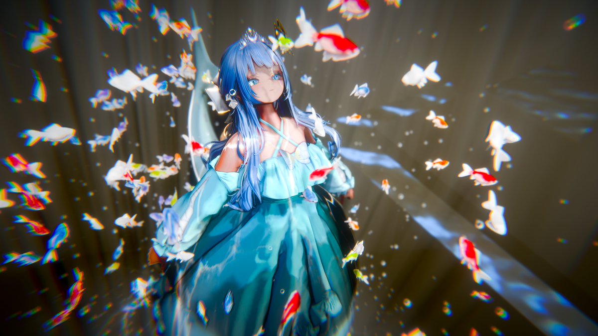 AkiNaki_VRChat's tweet photo. #おはツイポエム #VRChat
水の底で
静かに空を見ていた

息をしているのか
夢を見ているのか

それさえ分からないほど
あたりは淡い光に満ちていた

白い魚が泳ぎ
赤い魚が揺れる
小さな泡が
ゆっくりと上へ昇っていく

青い髪は水に溶け
ドレスは波のように広がっていた
まるで水の中で咲いた花みたいに

おはんよ

ここでは
声も
時間も
少しだけ遠くなる

魚たちに囲まれながら
ただ静かに
光の差す方を見つめていた