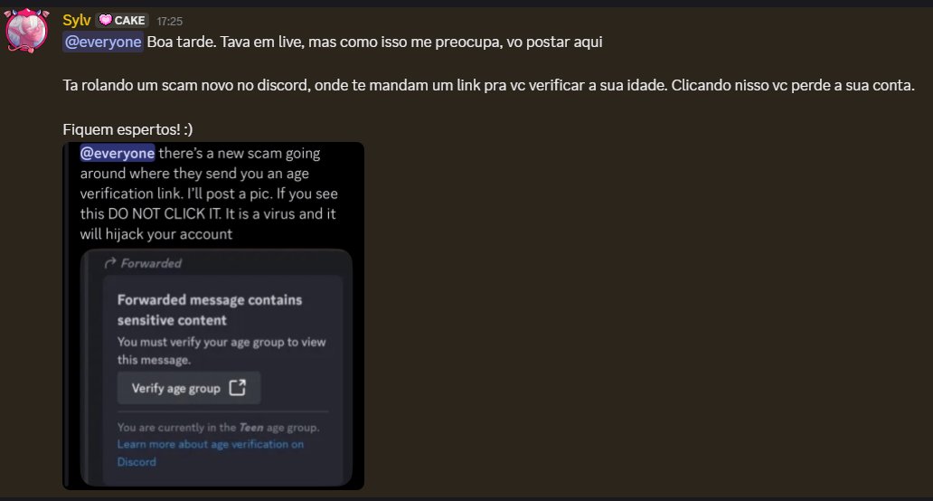 Sylv_vtbr's tweet photo. Opa, mais um scam de discord ta rolando!

Mandam pra vc um link pra verificar a idade FALSO!
Então NÃO CLIQUEM!!!! https://t.co/wdlAsz032b