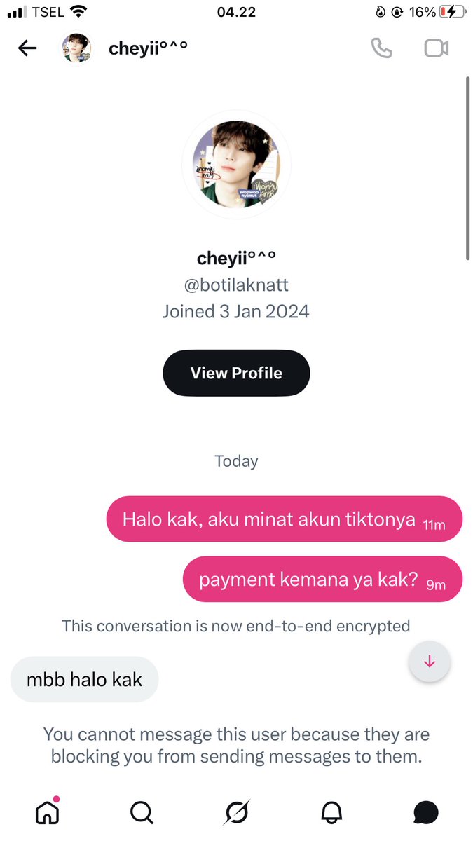 ileaffyu's tweet photo. ges liat ni di @botilaknatt penipu anjing, abis payment akun tiktok gue langsung block si anjing https://t.co/8z7uibmJ2H