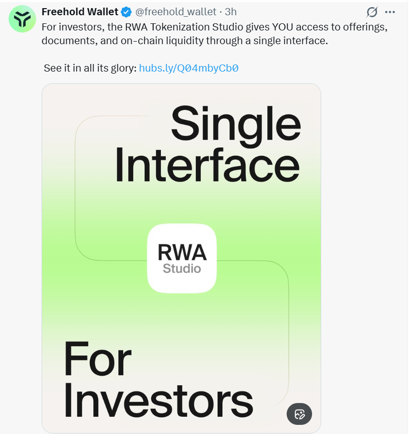 NeutralViewLab's tweet photo. Just tried the new RWA Tokenization Studio on Freehold and damn, it actually feels different.

One clean interface where you can browse real offerings, check all the documents, and see on-chain liquidity without jumping between 5 different tabs. Finally someone made it simple instead of complicated.

What I like most is how it’s built non -custodial and multi-chain on $RIO - meaning you stay in control while still getting proper access to tokenized assets. This is the kind of UX that actually moves the space forward.

If you're already looking at RWAs, this is worth checking out 👇

Not financial advice. Always do your own research.

#RWA #Tokenization #RealWorldAssets #DeFi $RIO