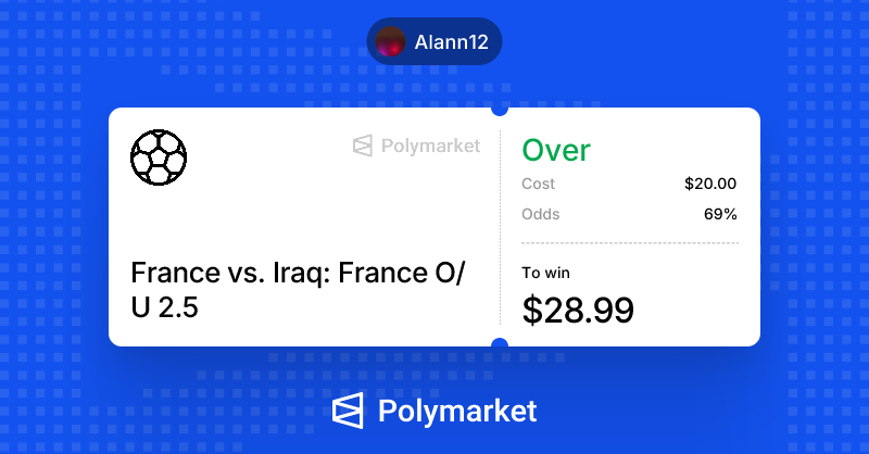 Aalan1012's tweet photo. I just put my money where my mouth is on @Polymarket.

Trade against me: https://t.co/NdSJvKdN9p 
🔥🔥🔥پیش بینی قبلی ک وین شد
اینم  پیش بینی بازی فرانسه _ عراق
اگه بازی مث بازی نروژه _ عراق(4_1) تکرار بشه ک احتمالش بالاست اینم وین میشه
یک پیشبینی با ریسک متوسط و وین قابل قبول https://t.co/qadvfR3Et2