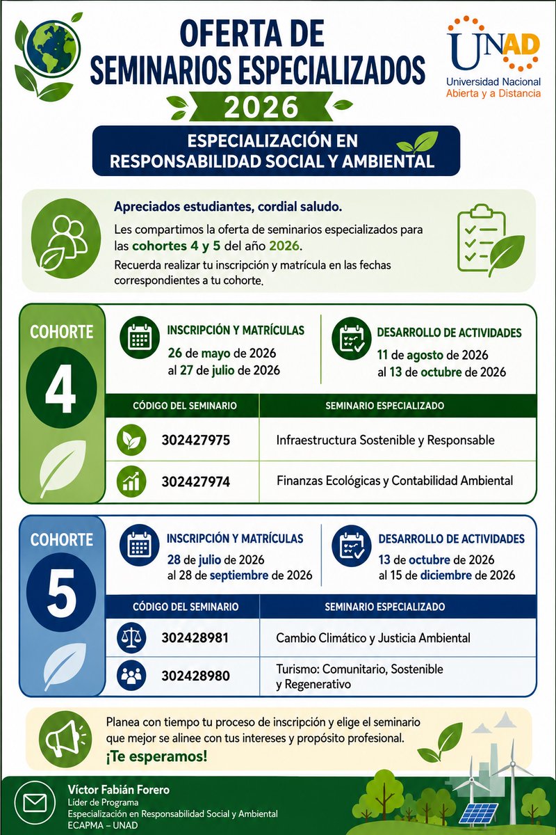 CAmbECAPMA's tweet photo. 🌱🎓 ¡Abiertas inscripciones a los Seminarios Especializados 2026 de la Especialización en Responsabilidad Social y Ambiental UNAD! ♻️🌎 Temas: Cambio Climático, Turismo Regenerativo, Finanzas Ecológicas e Infraestructura Sostenible. 🚀#ECAPMA #Sostenibilidad #MásUNADmásEquidad https://t.co/EXMzat7QsI